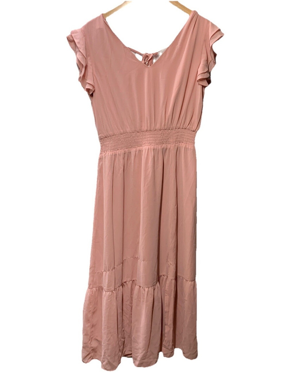 Women'S V Neck Ruffle Sleeve Summer Dress Split Flowy Tiered Midi Dress Pink Med